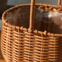 Handled Woven Flower Basket Easy-Carry Handle Imitation Rattan Gift Basket Waterproof Liner Decorative Container for Florists, Kids, Parties, Weddings