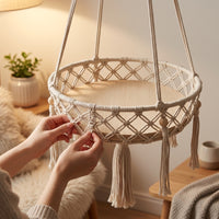 Handmade Cat Bed with Macrame Tassel, Boho Hanging Cat Bed Hammock, Round Indoor Cat Bed with Rope Loop Support for Indoor Cats