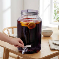 Glass Dispenser with Wooden Stand, Barrel Beer Dispenser for Cold Brew, Fruit Tea Dispenser and Juice Dispenser, Stainless Steel Iced Tea Pot