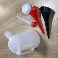 Clear Measurement Markings Engine Oil Filling Container Large Capacity 5L Oil Measuring Can Ergonomic Handle Plastic Fluid Measuring Container Includes Funnels for Car Owners, DIYers, Garage, Workshop