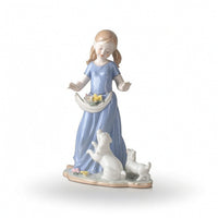 Ceramic Girl Figurine with Dogs Glazed Tabletop Ornament Decorative for Entryway