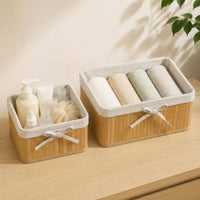 4 Pieces Natural Woven Basket with Lining Artisanal Bamboo Storage Basket Compact Desktop Organizer Rustic for Bathroom