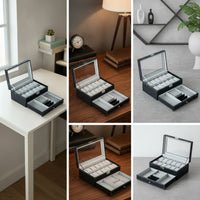 Two-Tier Watch Box with Drawer Compartmented Jewelry Box with Glass Lid Rectangular Watch Display Case with Glass Lid Padded for Dresser, Vanity Table