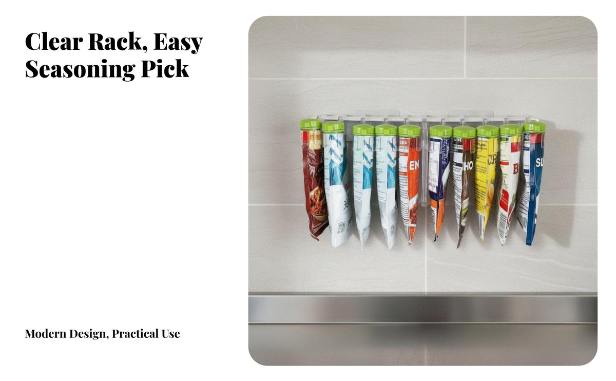 Hanging Packet Clip Rack No-Tool Installation Adhesive Seasoning Holder Wall or Cabinet Mount Kitchen Organizer for Renters, Students, Small Areas