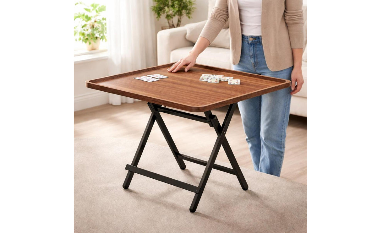 Rounded Corners X-Leg Folding Table Dark Brown Wood Grain Folding Table Portable Household Furniture No Assembly Needed