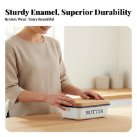 Enamel Butter Dish Dishwasher Butter Keeper with Wood Lid Kitchenware for Cooks, Hosts, Kitchen Countertop, Refrigerator, Dining Table
