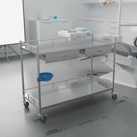 Locking Wheels Hospital Treatment Trolley Quiet Casters Stainless Steel Medical Mobile Trolley Safety Guardrails 2-Tier Laboratory Trolley Easy Assembly for Laboratory