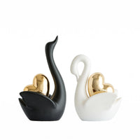 Tall and Short Set Ceramic Swan Figurine Gold Accent Ceramic Swan Decor Matte Decorative Ornament Pair for Living Room, Entryway, Wine Cabinet