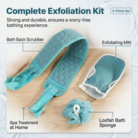 Bath Scrubber Set for Adults, Exfoliating Back Strap with Long Handles, Three Piece Kit with Mitt and Gloves, Textured Surface for