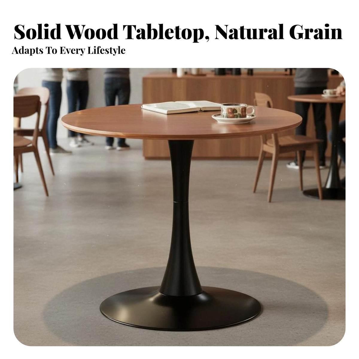 Rounded Edges Retro Round Coffee Table Easy to Clean Walnut Finish Kitchen Table High Load Capacity Stain Resistant for Cafe Owners, Apartment Dwellers, Milk Tea Shop, Restaurant, Breakfast Nook, Living Room
