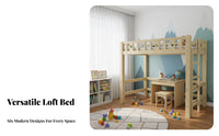 Safety Guardrail Wooden Loft Bed Desk Wardrobe Combo Space Saving Design All-in-Single Study Loft Bed Sturdy Construction Rounded Corners for Students, Children, Teenagers, Dorm Room, Small Areas, Play Area