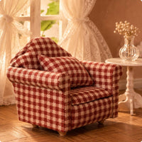 Padded Armrests 1:12 Dollhouse Sofa Wood and Textile Checkered Upholstered Sofa Cushioned Dollhouse Couch Rounded Back