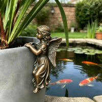 Resin Angel Flower Pot Figurine Feathered Wings Rim Perch Figurine Long Wavy Hair Flower Pot Hanger Draped Dress for Patio, Balcony