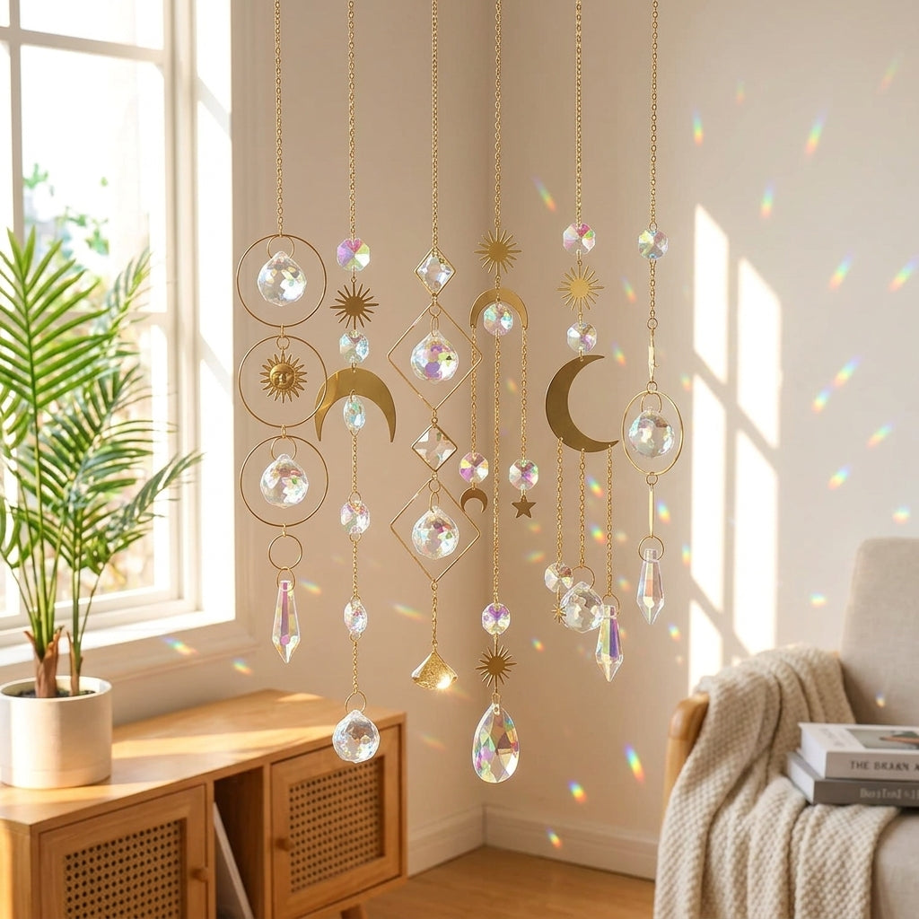 6 Pcs Suncatcher Set, Hanging Sun Catchers Indoor Window, Modern Minimalist Decor with Rainbow Illumination Effects, 43cm Glass & Metal