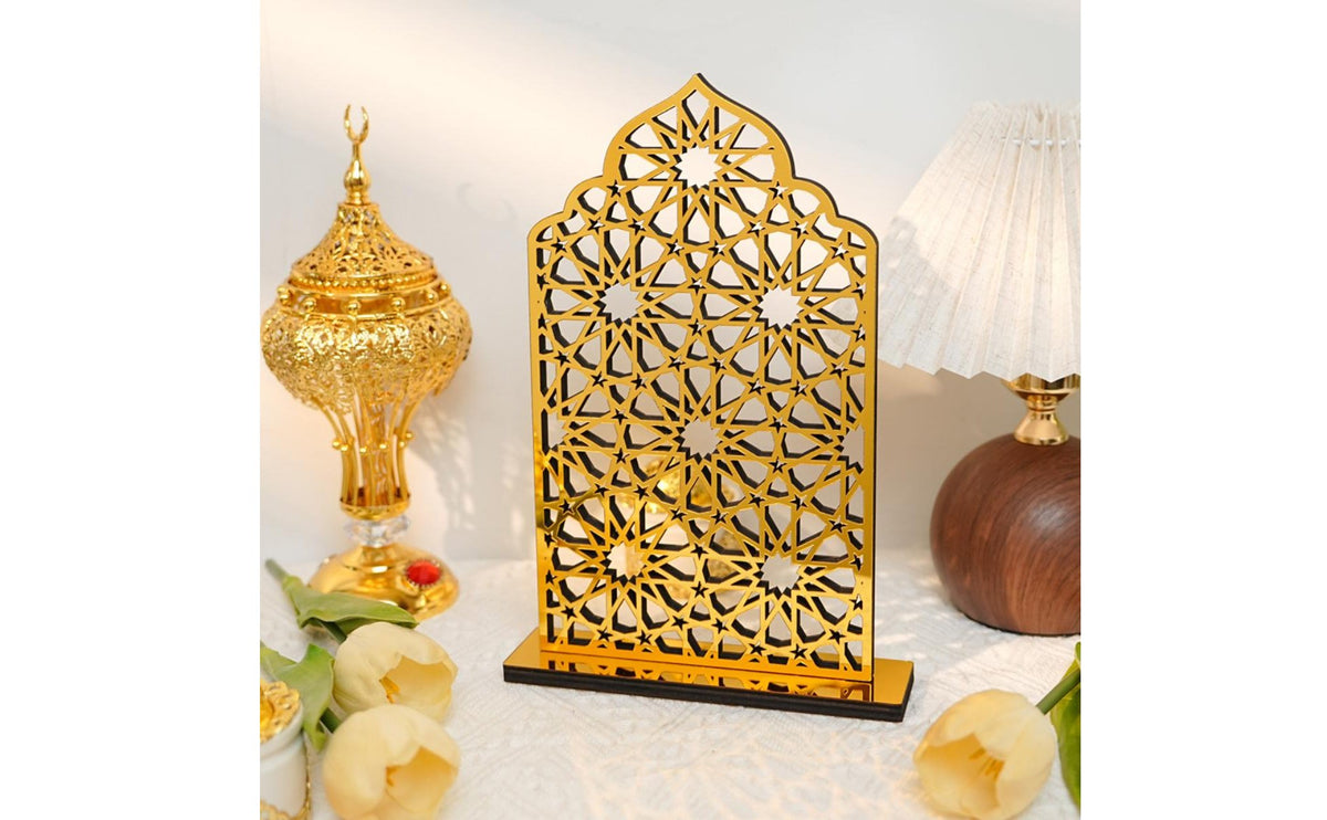 3D Layered Design Wood and Acrylic Decor Sign Laser Cut Pattern Gold Acrylic Stand Reusable Golden Mirror Display Stand Easy to Clean