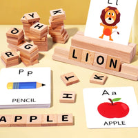 Double-Sided Cards Wooden Spelling Game Uppercase Letters Word Matching Game Colorful Illustrations Wooden Letter Blocks