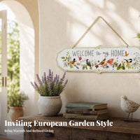 Floral and Bird Motif Metal Welcome Sign Scalloped Edges Hanging Welcome Plaque Gold-Tone Chain Hanging Wall Sign Pale Green Trim for Fence