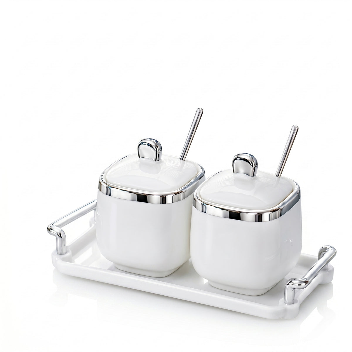 Glossy Condiment Organizer with Spoons Countertop Ceramic Seasoning Jars with Tray Easy to Clean Seasoning Pot Set with Lids Compact for Hosts, Home Cooks, Dining Table, Kitchen