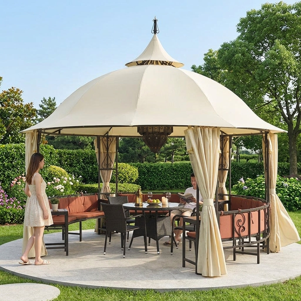 Gazebo Outdoor 3m Iron Frame Cream Canopy With Seating Garden Gazebo