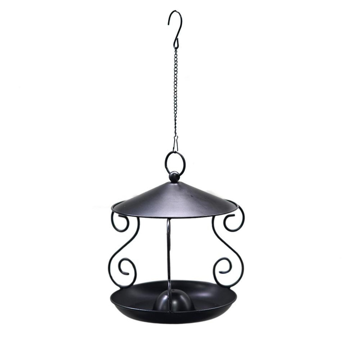 Wrought Avian Feeder Shielded Roof Black Metal Avian Feeder Hanging Tray Powder Coated Finish Garden Accessory