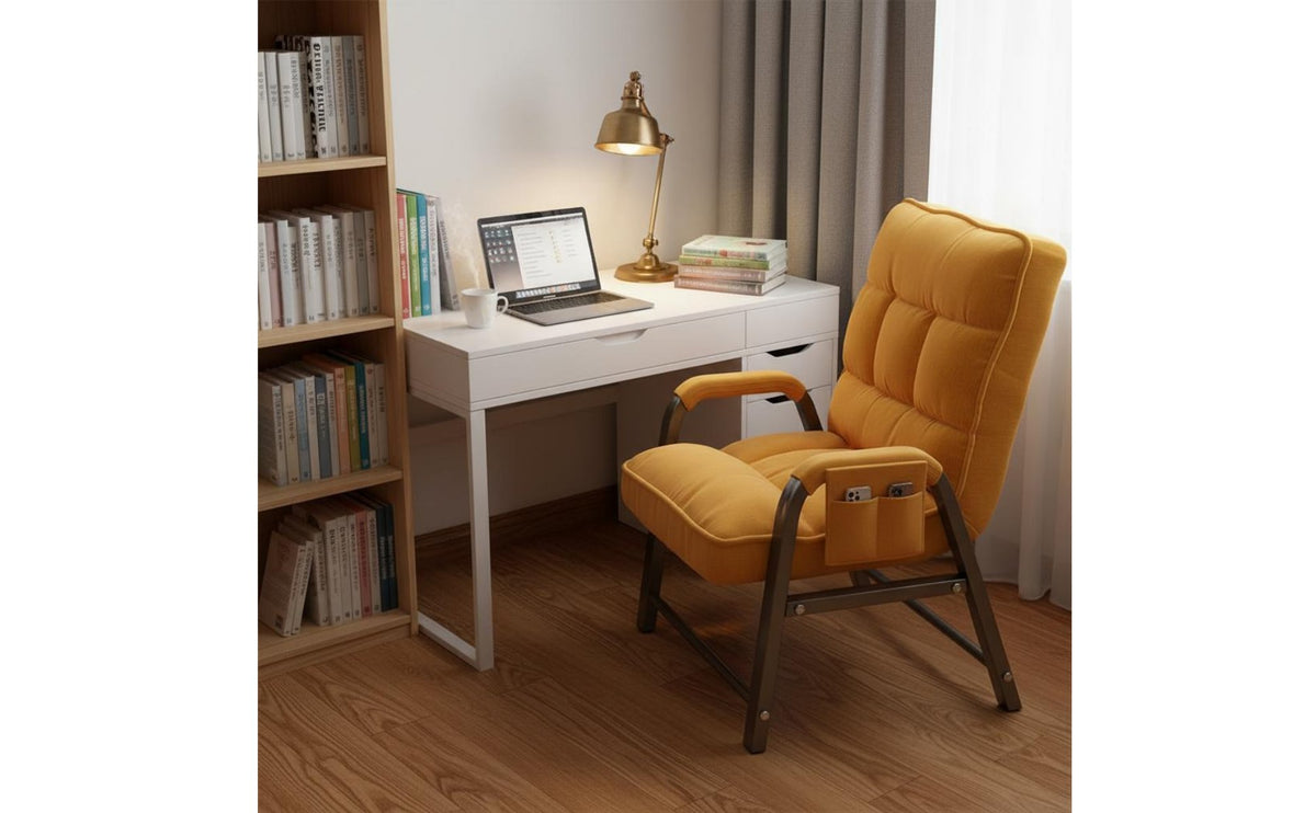 Breathable Textile Upholstered Lazy Sofa Chair Comfortable Cushion Padded Computer Chair Side Storage Pocket Reclining Armchair with Footstool High Back Design for Students, Dorm Room, Home Office, Bedroom