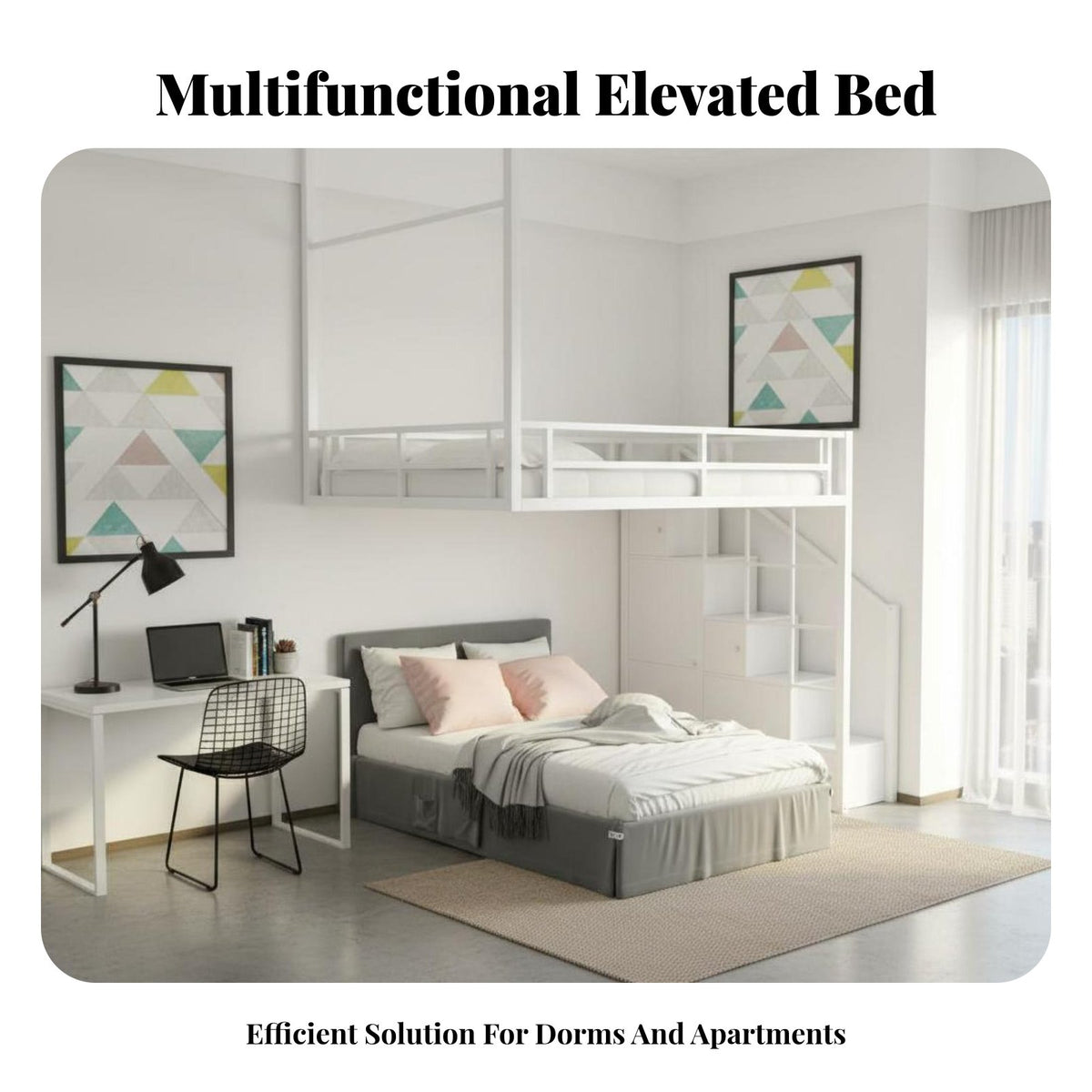 Loft Bed with Desk Multifunctional Loft Bed Desk Space-Saving Bedroom Furniture for Students, Young Adults, Dorm Room, Small Apartment, Home Office