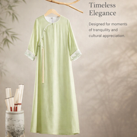 Meditation Vintage Dress for Women with Chinese Style Round Neck and Embroidery, Ethnic Oriental Midi in Premium Lyocell Material