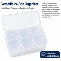 Clear PP Desk Organiser, Stackable Storage Drawers 26x18x11cm, 24 Compartment Craft Storage with Lid for Stationary, Office & Students