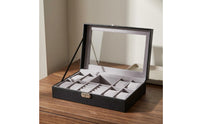 PU Leather Exterior Watch and Jewelry Box Transparent Window Jewelry Watch Box Metal Latch Band Holder Slots