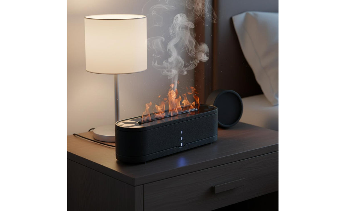 Function Simulated Flame Aroma Dispenser Essential Oil Compatible Flame Effect Humidifier USB-C Powered Simulated Fire Dispenser High-Frequency Mist Technology for Desktop, Office, Bedroom, Living Room