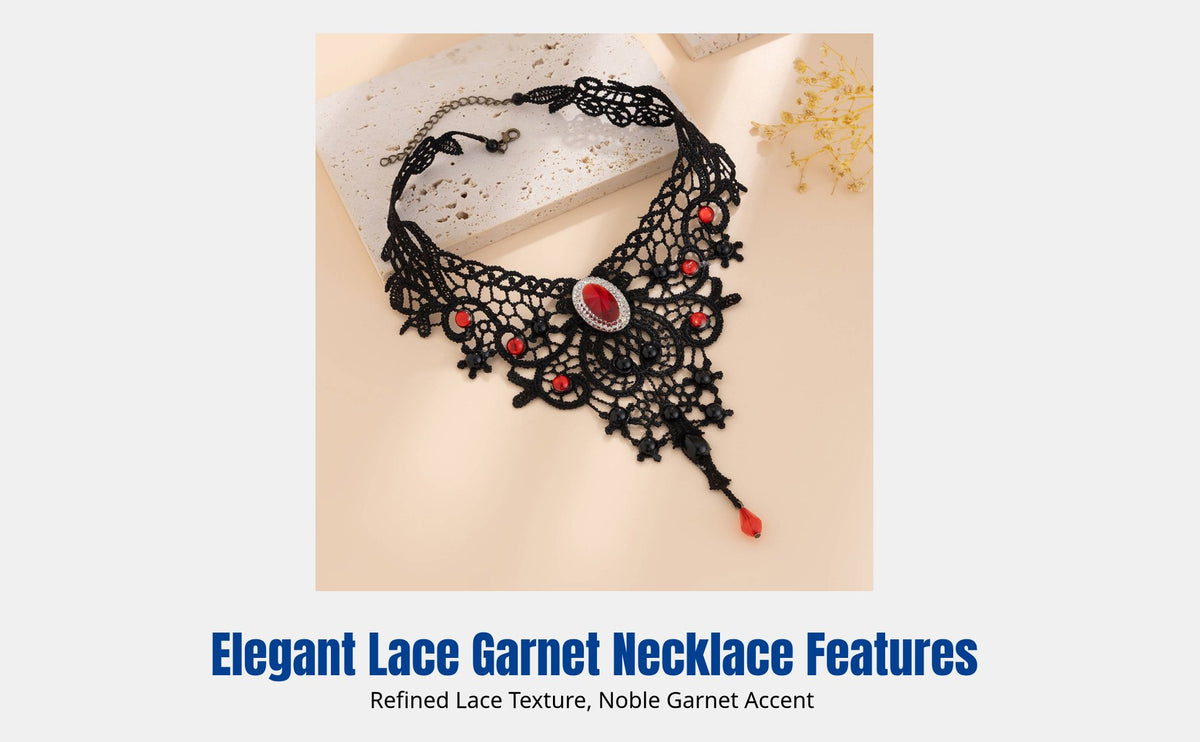 Dark Choker Necklace, European Retro Court Style, Lace Tassel Drop, Garnet Accent, Women's Fashion Jewelry