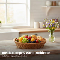 Round Woven Basket Imitation Rattan Fruit Basket Easy to Clean Woven Food Storage Bin for Pantry