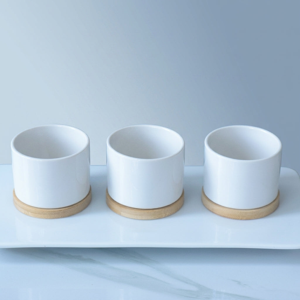 Plant Pots for Indoor Plants and Home Office, Pack of 6 Glazed Flower Pots with Bamboo Trays, 9cm Small Plant Pot for Succulents, Chinese Style