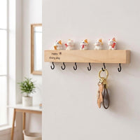 Black Wood Key Holder, 6 Hook Key Hanger Wall Mount, Adhesive Hook for Keys Wallets, 20-30 kg Capacity, Metal