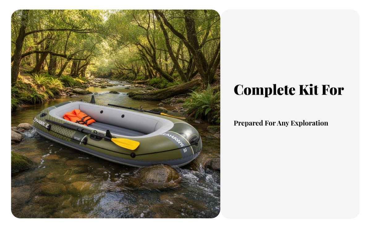 Inflatable Sport Boat Set Includes Oars and Pump Multi-Person Dinghy Fishing Rod Holders Portable Raft for Anglers, Families, Lakes, Streams, Boating