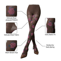 Warm Brown Floral Patterned Tights for Women, Luxury Wear Pantyhose, High Waist Nylon Spandex Tights, Vintage Patterned Hosiery