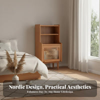 Solid Wood Legs Rattan Front Nightstand Woven Panel Rattan Door End Table Minimalist Design Bedside Cabinet Multi-Level Storage for Homeowners, Renters, Students, Bedroom, Home Office, Entryway
