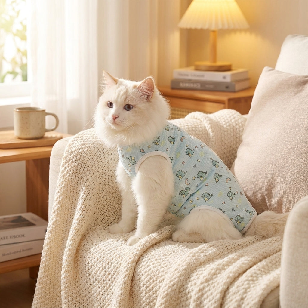 Post Surgery Cat Suit with Tie Strings, Sleeveless Recovery Wear for Spay or Neuter, Short Leg Anti-Licking Pet Clothing for All Seasons