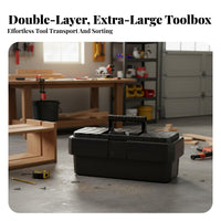Large Capacity Heavy Duty Tool Box Reinforced Structure Double Layer Storage Case Shock Resistant for Craftsmen, Workshop, Garage, Job Site