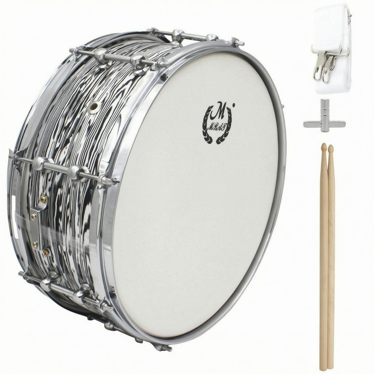 Chrome-Colored Hardware stripedPattern Snare Drum White Drumhead 14-Inch Snare Drum Natural Stick Attack Percussion Instrument Enhanced Reverberation