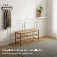 twofold Function 2-Tier Shoe Rack with Woven Seat Natural Aesthetic Padded Shoe Rack Bench Sturdy Construction Entryway Stool Space-Saving Design for Apartment Dwellers, Homeowners, Hallway, Mudroom, Living Room, Bedroom