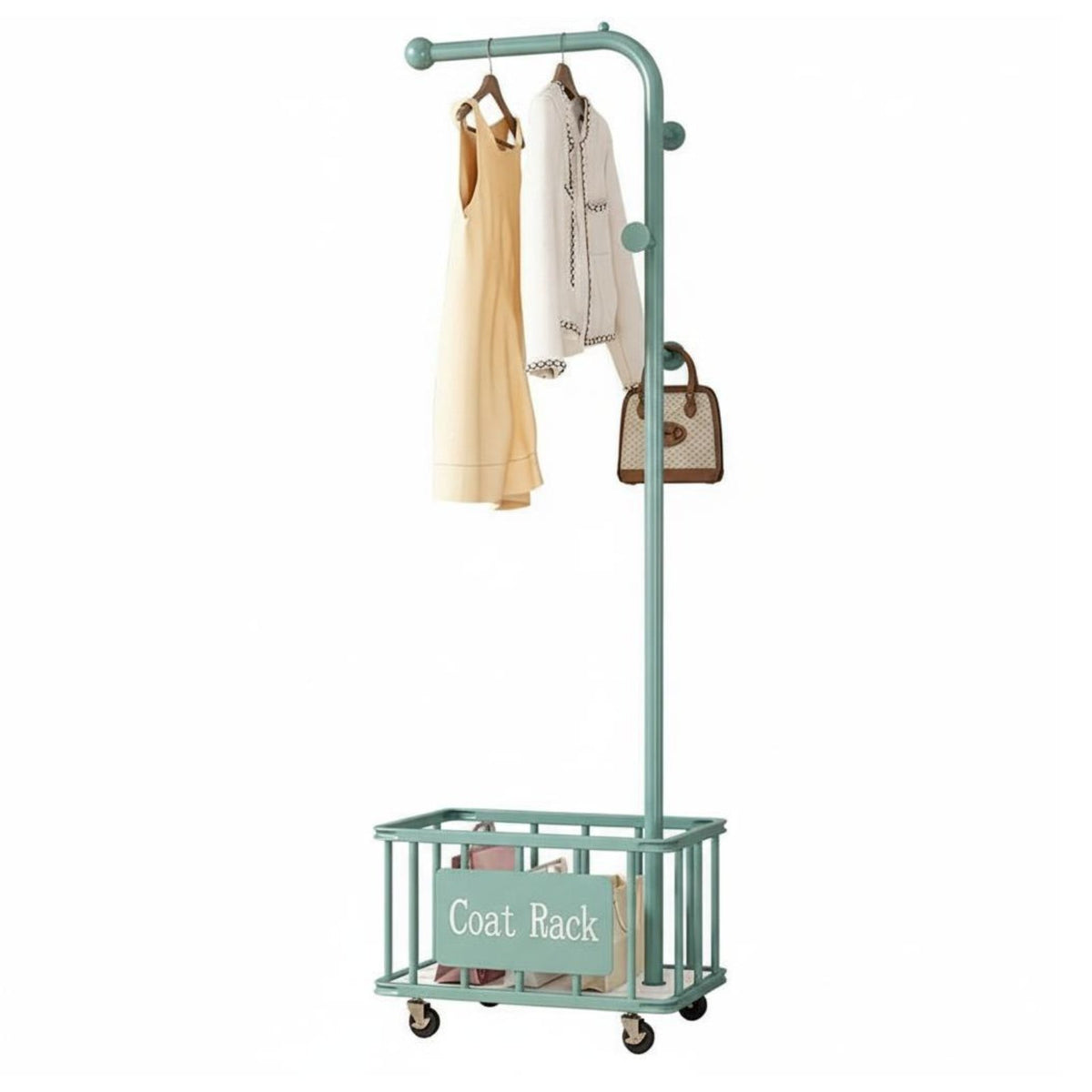 Double Layer Coat Stand Rolling Storage Basket Space Saving for Entryway