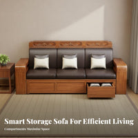 Solid Wood Storage Sofa Versatile-Versatile Design Walnut Wood Couch Firm Foam Cushions Chinese Design Living Room Set for Apartment Dwellers, Home