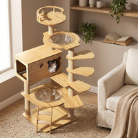 Cat House with Scratching Posts and Feeding Bowls, Solid Wood Pillar Activity Centre, Oak Board Cat Bed and Perch for Large Indoor Cats 5-Tier