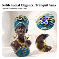 Blue Patterned African Woman Bust Sculpture Dark Brown Resin Decorative Bust Textured African Female Sculpture Gold-Tone
