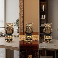 Gold-Toned Owl on Skull Figurine Metal-Finish Owl on Skull Statue Gothic Sculpture Textured for Collectors, Goths, Desk, Bookshelf, Halloween