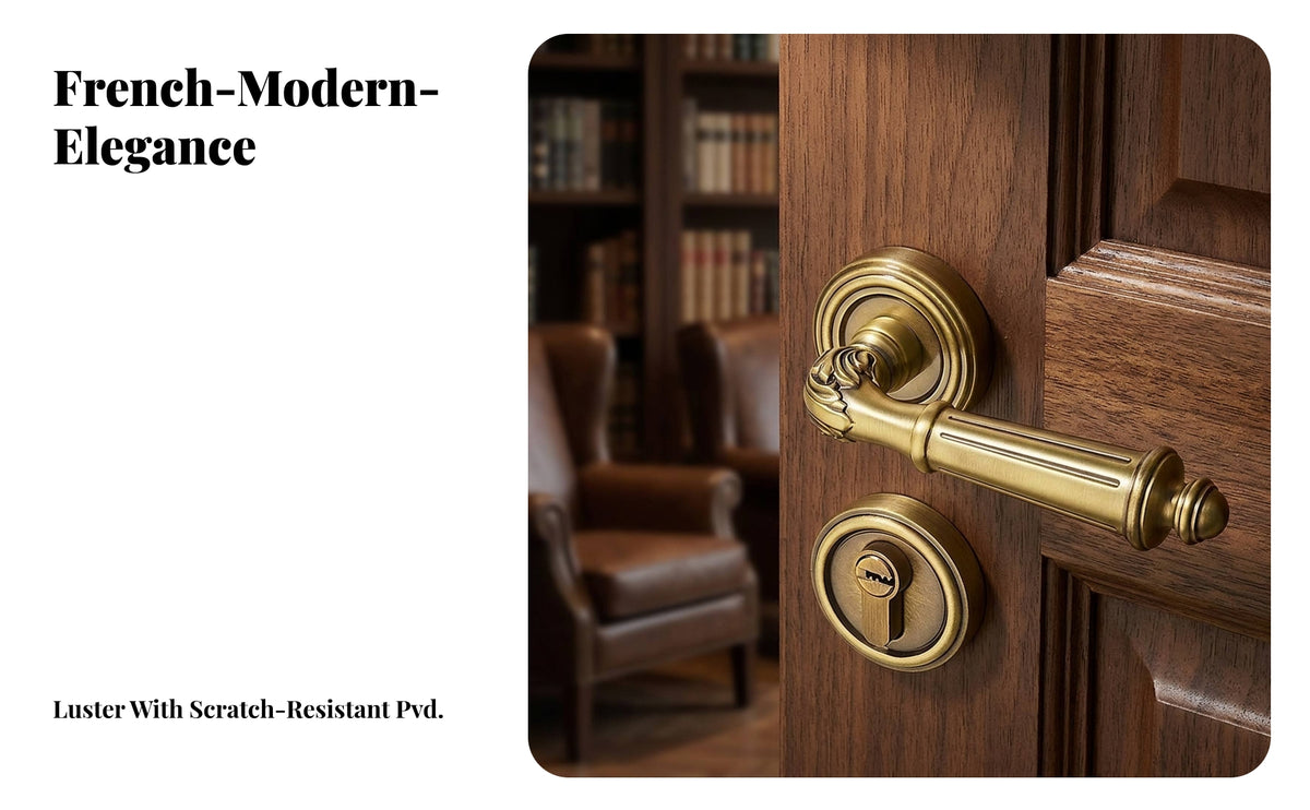 Interior Door Lever with Lock Plate | Ornate Fluted Detailing, Classic French-evocative Design, Door Handle with Rosette, for Wooden Doors