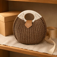 Round Handle Straw Bag Structured Woven Handbag Compact