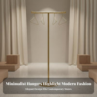 High and Low Configuration Island Display Rack Shiny Finish Gold Clothing Display Shelf Modern Design Gold Clothing Rack with Shelf Easy to Assemble for Retailers, Shopkeepers, Retail Space, Showroom