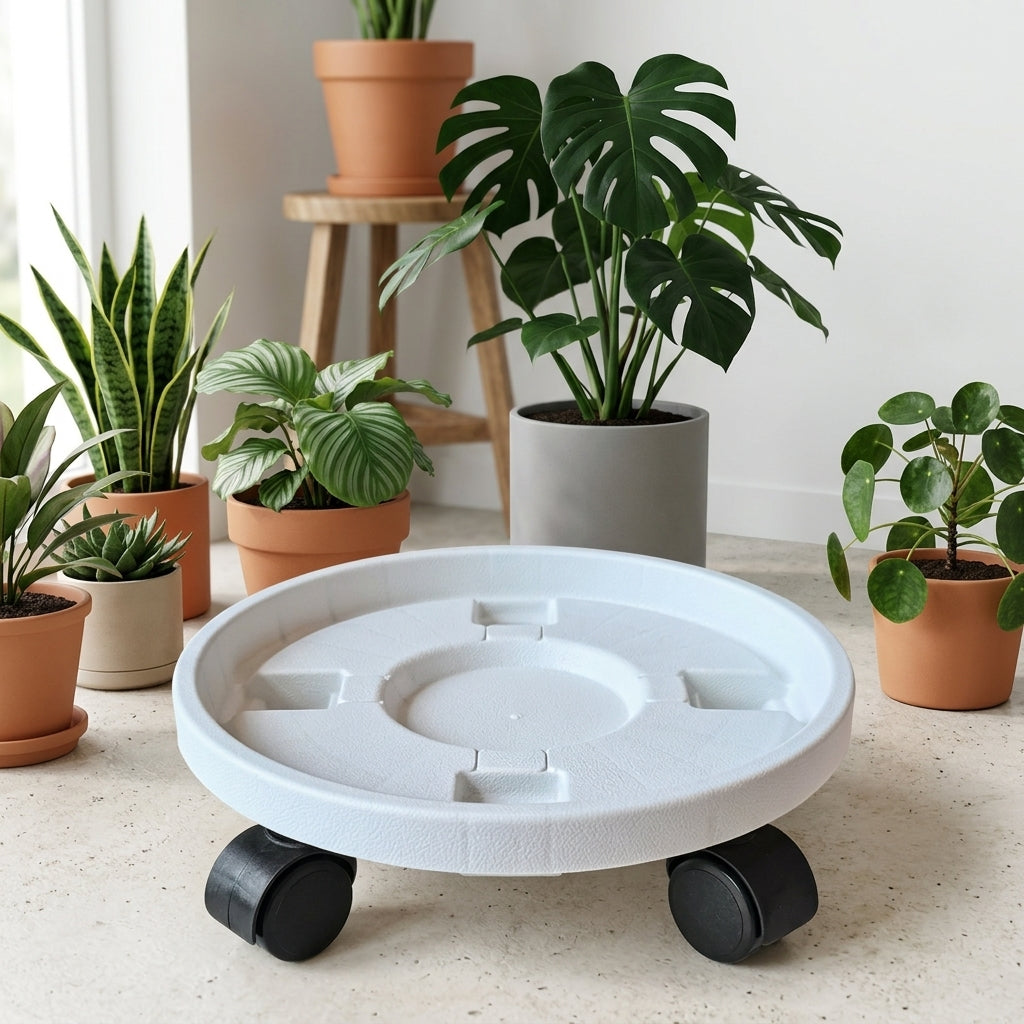 Adjustable Flower Pot Base with Roller Tray, Heavy Duty PP Resin Pot Base on Wheels, Indoor Outdoor Holder for Balcony Drainage Tray